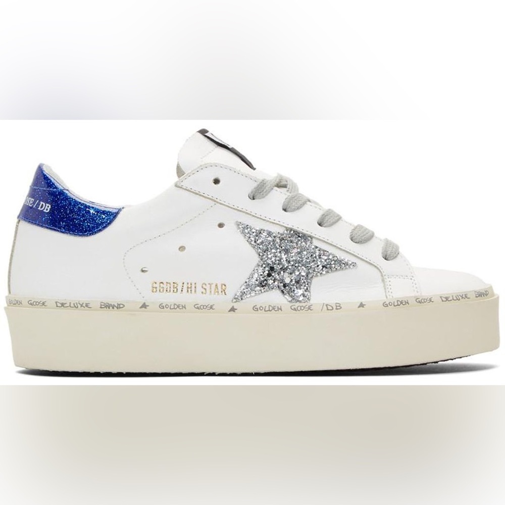 GOLDEN GOOSE white and blue glitter hi star sneakers